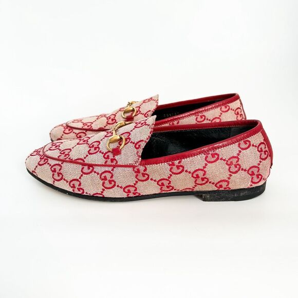Gucci Jordaan Horsebit Loafer Red GG Canvas Flat Supreme Buckle 37, 7 - Picture 5 of 13